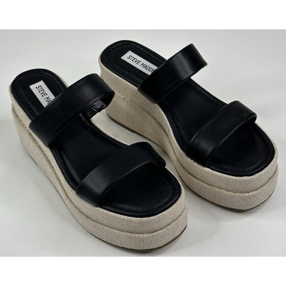 Steve Madden Merrcer Platform Slide Wedge Sandal Black Leather Womens 8M New - Picture 1 of 9